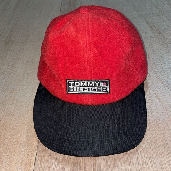Vintage 1990s Tommy Hilfiger Jeans Script‎ Strapback Hat Fleece Red - Picture 1 of 5